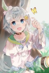 Rule 34 | 1girl, animal ears, blouse, blue eyes, blurry, blurry background, bug, butterfly, choker, collared shirt, ear covers, green shorts, grey hair, hair ornament, hairclip, hand up, highres, horse ears, horse girl, horse tail, insect, long sleeves, miniskirt, open mouth, see-through, see-through skirt, seiun sky (umamusume), shirt, short hair, shorts, sitting, skirt, smile, solo, tail, thighhighs, umamusume, usukawa (uskw sr), white shirt