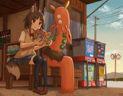 Rule 34 | 1girl, :c, animal ears, bench, black thighhighs, blue sky, bow, bowtie, brown eyes, brown hair, check commentary, cloud, cloudy sky, commentary request, day, dragon quest, frown, ghost, gumball machine, hand to own mouth, jitome, loafers, manga (object), medium hair, mohawk, mole, mole under eye, monster, multicolored hair, original, parted bangs, pleated skirt, poster (object), power lines, reading, red neckwear, school uniform, shirt, shoes, shop, sitting, sitting on tail, skirt, sky, slime, striped bow, striped bowtie, striped clothes, sweater vest, tail, thighhighs, traffic mirror, two-tone hair, utility pole, white hair, white shirt, wolf ears, wolf tail, yellow sky, yuuki koutarou, zettai ryouiki