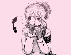 Rule 34 | 10s, 1girl, ahoge, aoba (kancolle), gloves, jacket, kantai collection, messy hair, monochrome, notebook, pen, ponytail, satou ikken, scrunchie, solo