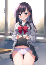Rule 34 | 1girl, :o, black hair, black sailor collar, black serafuku, black shirt, black skirt, blush, bow, bow panties, clothes lift, commentary request, desk, gluteal fold, grey sweater, indoors, lifting own clothes, long hair, long sleeves, looking at viewer, mauve, original, panties, parted lips, plaid, plaid panties, pleated skirt, puffy long sleeves, puffy sleeves, purple eyes, purple panties, red bow, sailor collar, school desk, school uniform, serafuku, shirt, skirt, skirt lift, solo, sweater, thigh gap, underwear, window