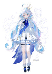 Rule 34 | 1girl, adelie cat, ascot, black footwear, blue eyes, blue hair, bow, closed mouth, crown, dress, furina (genshin impact), genshin impact, hair bow, highres, jewelry, light smile, long hair, multicolored hair, necklace, pale skin, solo, standing, thighhighs, twintails, white bow, white dress, white hair, white thighhighs, zettai ryouiki