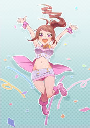 Rule 34 | 10s, 1girl, :d, ahoge, arms up, blush, boots, brown hair, bustier, checkered background, chuuseishi-kun, confetti, highres, idolmaster, idolmaster million live!, jumping, long hair, midriff, million dreams (idolmaster), miniskirt, navel, open mouth, outstretched arms, pink footwear, purple eyes, shiny skin, shoes, side ponytail, skirt, smile, solo, streamers, thigh gap, wrist cuffs, yokoyama nao