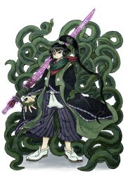 Rule 34 | 1other, adagumo no yaorochi, androgynous, black eyes, black hair, black sleeves, chikafumikou, green scarf, hakama, hakama pants, highres, holding, holding sword, holding weapon, holding with tail, japanese clothes, len&#039;en, long hair, multiple tails, pants, prehensile tail, sandals, scarf, side ponytail, snake tail, solo, sword, tail, tasouken, weapon, wide sleeves