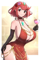 1girl absurdres alternate_costume black_gloves breasts cleavage core_crystal_(xenoblade) cup dress drinking_glass elbow_gloves flower gloves gonzarez hair_flower hair_ornament hand_on_own_hip highres large_breasts looking_at_viewer meme_attire modakawa_dress pyra_(xenoblade) red_dress red_eyes red_hair short_hair smile solo tiara wine_glass xenoblade_chronicles_(series) xenoblade_chronicles_2