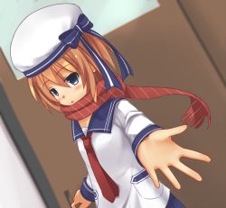 Rule 34 | 10s, 1girl, blanc (neptunia), blouse, blue eyes, brown hair, dutch angle, half-closed eyes, hat, himajin (starmine), indoors, long sleeves, necktie, neptune (series), outstretched arms, outstretched hand, pocket, reaching, reaching towards viewer, red necktie, red scarf, scarf, school uniform, shirt, solo, white hat, white shirt
