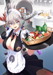 Rule 34 | 1girl, alcohol, apron, azur lane, beer, beer mug, between breasts, black dress, black necktie, breasts, cleavage, cup, demon horns, detached collar, dress, earrings, fish (food), food, frilled apron, frills, grey eyes, grey hair, hakuryuu (azur lane), hakuryuu (slice dice and serve) (azur lane), hand on own hip, highres, holding, holding tray, horns, jewelry, large breasts, long hair, looking at viewer, maid, maid apron, maid headdress, mole, mole on breast, mug, multiple horns, necktie, necktie between breasts, oni horns, open mouth, plate, plunging neckline, ponytail, red horns, sashimi, sharp teeth, shimotsuki shio, short sleeves, slit pupils, solo, tassel, teeth, tray, v-shaped eyebrows, waist apron, wing collar