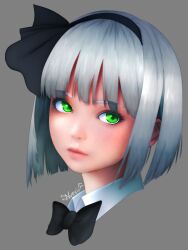 Rule 34 | 1girl, absurdres, black bow, black bowtie, black hairband, bow, bowtie, closed mouth, commentary, english commentary, green eyes, grey background, hairband, highres, konpaku youmu, looking at viewer, nuevii, portrait, signature, simple background, solo, touhou