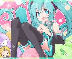 Rule 34 | 2girls, akino coto, aqua necktie, bare shoulders, beamed eighth notes, black eyes, black legwear, black skirt, black sleeves, blonde hair, blush stickers, bow, commentary, detached sleeves, fang, grey shirt, hair bow, hair ornament, hairclip, hatsune miku, kagamine rin, knees up, long hair, looking at viewer, mini person, minigirl, miniskirt, multiple girls, musical note, musical note print, necktie, open mouth, pillow, pleated skirt, shirt, short hair, shoulder tattoo, sitting, skin fang, skirt, sleeveless, sleeveless shirt, smile, spring onion print, steepled fingers, swept bangs, symbol-only commentary, tattoo, thighhighs, twintails, very long hair, vocaloid, white bow, zettai ryouiki