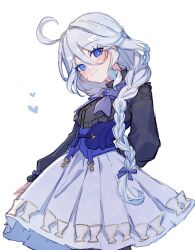 Rule 34 | alternate costume, blue eyes, blue hair, bow, braid, cowlick, eyelashes, furina (genshin impact), genshin impact, hair bow, heart, highres, hozumi rino, light blue hair, long hair, looking at viewer, mismatched pupils, multicolored hair, simple background, single braid, smile, white background