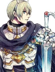 Rule 34 | 1boy, armor, black cape, black shirt, blonde hair, blue eyes, breastplate, cape, commentary request, cross, fake horns, gauntlets, grey hairband, hair between eyes, hairband, holding, holding sword, holding weapon, horns, looking afar, male focus, official alternate costume, parted lips, pauldrons, ragnarok online, rune knight (ragnarok online), shirt, short hair, shoulder armor, simple background, solo, sword, tokio (okt0w0), weapon, white background