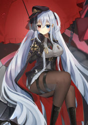 Rule 34 | 1girl, absurdly long hair, absurdres, azur lane, black cape, black footwear, black gloves, black hat, blue eyes, boots, breasts, brown pantyhose, cape, chain, collared shirt, cross, ebichiri sunday, elbing (azur lane), feet out of frame, frilled umbrella, frills, gloves, gold trim, grey shirt, hat, heterochromia, highres, holding, holding umbrella, iron cross, large breasts, long hair, long sleeves, looking back, miniskirt, pantyhose, peaked cap, pleated skirt, red cape, red eyes, red umbrella, shirt, sitting, skirt, solo, thigh strap, two-tone cape, umbrella, very long hair, white skirt