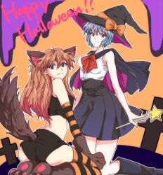 Rule 34 | 2girls, animal ears, animal hands, ass, ayanami rei, bad id, bad pixiv id, blue eyes, blue hair, gloves, halloween, hat, long hair, looking back, multiple girls, neon genesis evangelion, paw gloves, paw shoes, red eyes, shoes, short hair, souryuu asuka langley, striped clothes, striped legwear, striped thighhighs, tail, tamako (love 313), thighhighs, wand, wolf tail