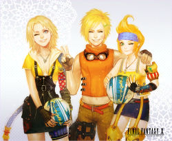 Rule 34 | 00s, 1boy, 2girls, androgynous, armband, ball, bandaid, bare shoulders, belt, blonde hair, blue eyes, blush, breasts, cleavage, copyright name, crop top, earrings, closed eyes, final fantasy, final fantasy x, fingerless gloves, garter straps, genderswap, genderswap (ftm), genderswap (mtf), gloves, goggles, green eyes, green nails, grin, hair ornament, hairband, hairclip, hand on shoulder, happy, headband, holding, hood, j (onose1213), jewelry, lips, looking at viewer, midriff, miniskirt, multiple girls, nail polish, navel, necklace, one eye closed, orange hair, overall skirt, overalls, pants, rikku (ff10), short hair, skirt, sleeveless, sleeveless turtleneck, small breasts, smile, standing, thigh strap, thighhighs, tidus, turtleneck, v, wakka, wink, x hair ornament