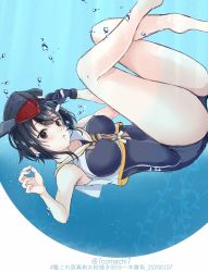 Rule 34 | 1girl, 7comachi7, air bubble, asymmetrical hair, black hair, black one-piece swimsuit, brown eyes, bubble, commentary request, framed breasts, gloves, hair between eyes, hat, headphones, highres, i-14 (kancolle), kantai collection, looking at viewer, neckerchief, one-hour drawing challenge, one-piece swimsuit, partially fingerless gloves, sailor collar, school swimsuit, short hair, single glove, solo, swimsuit, underwater