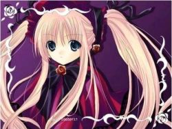 Rule 34 | 00s, 1girl, blonde hair, blue eyes, bonnet, bow, bowtie, dress, flower, long hair, looking at viewer, lowres, red background, red dress, rose, rozen maiden, shinku, sidelocks, simple background, solo, twintails, upper body, very long hair