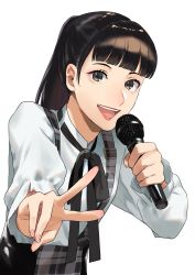 Rule 34 | 1girl, animification, black hair, close-up, grey eyes, highres, holding, holding microphone, idol, junna (singer), microphone, open mouth, plaid, plaid skirt, pote-mm, real life, skirt, solo, suspender skirt, suspenders, upper body, v, voice actor, white background