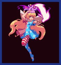 Rule 34 | 1girl, :d, american flag dress, american flag legwear, arm up, black background, blonde hair, blue border, border, clownpiece, dress, fire, full body, hat, holding, holding torch, jester cap, leg up, looking at viewer, open mouth, pantyhose, pink eyes, pink fire, pink hat, polka dot, polka dot background, potemki11, short sleeves, simple background, smile, solo, star (symbol), star print, striped clothes, striped dress, striped pantyhose, torch, touhou