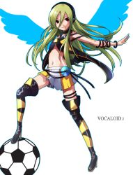 Rule 34 | 1boy, afuro terumi, blonde hair, boots, cable, cd, cosplay, crossdressing, english text, flapper shirt, headphones, inazuma eleven, inazuma eleven (series), lily (cosplay), lily (vocaloid), long hair, male focus, navel, patterned legwear, red eyes, shirt, simple background, skirt, smile, soccer, solo, thigh boots, thighhighs, trap, vocaloid, wings, zettai ryouiki
