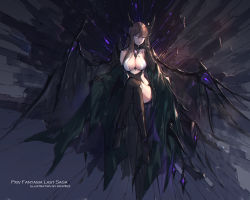 Rule 34 | 1girl, artist name, bare shoulders, breasts, brown hair, cleavage, commentary request, copyright name, crossed legs, dragon wings, hair between eyes, highres, horns, large breasts, long hair, long sleeves, looking at viewer, pixiv fantasia, pixiv fantasia last saga, purple eyes, revealing clothes, sitting, smile, solo, swd3e2, wide shot, wide sleeves, wings