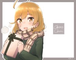 Rule 34 | 1girl, ahoge, bandaid, bandaid on face, blush, box, coat, gift, gift box, green coat, hair between eyes, highres, holding, holding gift, kantai collection, light brown hair, long sleeves, ma rukan, oboro (kancolle), open mouth, scarf, short hair, signature, smile, solo, upper body, yellow eyes
