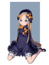 Rule 34 | 1girl, abigail williams (fate), bad id, bad pixiv id, black bow, black footwear, black hat, blonde hair, blue background, blue eyes, blush, bow, commentary request, dot nose, dress, fate/grand order, fate (series), hair bow, hat, highres, kairopoda, long hair, long sleeves, orange bow, parted bangs, parted lips, polka dot, polka dot bow, shoes, simple background, sleeves past fingers, sleeves past wrists, solo, two-tone background, very long hair, white background