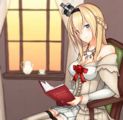 Rule 34 | 1girl, absurdres, bare shoulders, black hairband, blonde hair, blue eyes, book, braid, breasts, chair, commentary request, corset, crown, cup, dress, flower, french braid, hair between eyes, hairband, highres, holding, holding book, indoors, jewelry, kantai collection, lace, lace-trimmed dress, lace trim, long hair, long sleeves, medium breasts, mini crown, necklace, off-shoulder dress, off shoulder, red flower, red ribbon, red rose, ribbon, rose, sitting, solo, teacup, teapot, thighhighs, warspite (kancolle), white dress, white thighhighs, window, yuubokumin