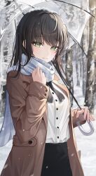 Rule 34 | 1girl, bare tree, blanc (blanc97), blush, bow, bowtie, coat, green eyes, hair between eyes, highres, holding, holding umbrella, long hair, long sleeves, looking at viewer, original, outdoors, plaid, plaid scarf, scarf, shirt, smile, snowing, solo, transparent, transparent umbrella, tree, umbrella, white shirt, winter, winter clothes, winter coat