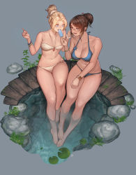 Rule 34 | 2girls, bikini, blonde hair, blue bikini, blue eyes, bracelet, breasts, brown eyes, brown hair, cleavage, curvy, eating, food, glasses, grey background, hair bun, highres, ice cream, instant ip, jewelry, large breasts, legs together, lily pad, medium breasts, mei (overwatch), mercy (overwatch), multiple girls, navel, open mouth, overwatch, overwatch 1, partially submerged, plant, popsicle, popsicle stick, round eyewear, side-by-side, side-tie bikini bottom, single hair bun, sitting, smile, stomach, swimsuit, thick thighs, thighs, water, white bikini