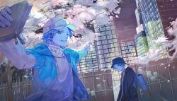 Rule 34 | 2boys, aoaso, backpack, bag, baseball cap, black headwear, black jacket, blue bag, blue hair, blue jacket, blush, building, cherry blossoms, city, closed mouth, day, dutch angle, expressionless, falling petals, fence, foreshortening, grin, hat, holding, holding wallet, jacket, long sleeves, looking at viewer, male focus, multiple boys, necktie, open clothes, open jacket, orange necktie, original, outdoors, outstretched arms, petals, pink headwear, pink shirt, pointing, shirt, smile, standing, teeth, tree, upper body, wallet, wooden fence
