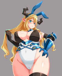 Rule 34 | 1girl, animal ears, areola slip, black gloves, black thighhighs, blonde hair, blue eyes, blush, breasts, cameltoe, closed mouth, covered erect nipples, curvy, ear blush, elbow gloves, fake animal ears, frown, gauntlets, gloves, granblue fantasy, grey background, hand on own hip, hand up, highleg, highleg leotard, highres, hip focus, horns, huge breasts, leotard, long hair, looking at viewer, nipple slip, nipples, playboy bunny, pointy ears, rabbit ears, razia, simple background, solo, sweatdrop, thighhighs, thighs, v-shaped eyebrows, white leotard, wide hips, zaxwu