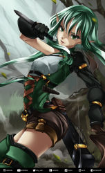 Rule 34 | 1girl, asymmetrical clothes, breasts, closed mouth, dual wielding, dutch angle, forest, gloves, goblin slayer!, green eyes, green hair, high elf archer (goblin slayer!), highres, holding, holding sword, holding weapon, indy k, lips, long hair, looking at viewer, nature, outdoors, pointy ears, shorts, sidelocks, small breasts, solo, standing, sword, thighhighs, weapon