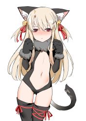 Rule 34 | 1girl, :&lt;, absurdres, animal hands, bad id, bad twitter id, bell, black gloves, black thighhighs, center opening, cirnocchi, collaboration, coupon (skyth), elbow gloves, fate/kaleid liner prisma illya, fate (series), flat chest, fur trim, gloves, gluteal fold, hair between eyes, highres, illyasviel von einzbern, jingle bell, kemonomimi mode, leotard, navel, parted lips, paw gloves, platinum blonde hair, prisma illya, red eyes, revealing clothes, simple background, solo, tail, tears, thighhighs, timbougami, triangle mouth, two side up, white background