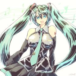 Rule 34 | 00s, 1girl, aqua eyes, aqua hair, arm tattoo, breasts, covered erect nipples, detached sleeves, hataraki ari, hatsune miku, large breasts, long hair, looking at viewer, matching hair/eyes, musical note, musical note print, open mouth, signature, simple background, smile, solo, standing, tattoo, twintails, vocaloid, white background