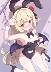 1girl absurdres animal_ears armpit_peek bat_wings black_leotard blonde_hair blush bow bowtie breasts cameltoe cleft_of_venus closed_mouth clothing_cutout cuffs ecute fake_animal_ears fake_tail fang handcuffs heart heart-shaped_pupils heart_pasties high_heels highres jashin-chan_dropkick leotard long_hair navel navel_cutout pasties pink_pasties playboy_bunny pointy_ears rabbit_ears rabbit_tail red_eyes small_breasts smile solo symbol-shaped_pupils tail wings ydayluca