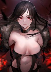 Rule 34 | 1girl, absurdres, bare shoulders, black dress, breasts, brown hair, center opening, choker, cleavage, collarbone, commentary request, dress, fate/grand order, fate (series), fur trim, highres, jewelry, large breasts, long hair, looking at viewer, navel, neonbeat, parted lips, red eyes, solo, stomach, strapless, strapless dress, yu mei-ren (fate)