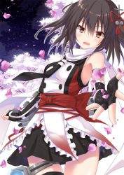 Rule 34 | 10s, 1girl, bad id, bad nicoseiga id, bare shoulders, black gloves, black neckerchief, black skirt, blush, brown eyes, brown hair, cherry blossoms, cowboy shot, elbow gloves, fingerless gloves, gloves, hair ornament, kantai collection, looking at viewer, neckerchief, night, night sky, obi, outstretched hand, petals, pleated skirt, sailor collar, sash, scarf, sendai (kancolle), sendai kai ni (kancolle), short hair, skirt, sky, smile, solo, takanashi haruto, two side up, white scarf