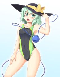 Rule 34 | 1girl, :d, alternate costume, armpits, bare back, bare shoulders, black hat, blush, bow, breasts, collarbone, competition swimsuit, covered navel, cowboy shot, eyeball, eyebrows, gluteal fold, green eyes, green hair, hat, hat bow, heart, heart of string, isaki (gomi), komeiji koishi, looking at viewer, matching hair/eyes, one-piece swimsuit, open mouth, short hair, sideboob, small breasts, smile, solo, swimsuit, third eye, touhou, yellow bow