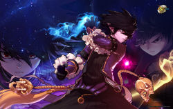 Rule 34 | 00s, 1boy, black hair, dungeon and fighter, earrings, elf, highres, jewelry, mage (dungeon and fighter), male focus, pointy ears, red eyes, skull, solo