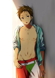 Rule 34 | 10s, 1boy, brown eyes, brown hair, drawstring, fukube satoshi, hyouka, jacket, male focus, male swimwear, multicolored clothes, multicolored male swimwear, multicolored swim trunks, multicolored swimsuit, official style, open clothes, open jacket, red male swimwear, red swim trunks, rito453, short hair, swim trunks, swimsuit, topless male, white male swimwear, white swim trunks