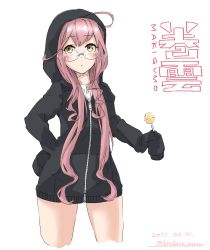Rule 34 | 10s, 1girl, 2017, absurdres, ahoge, alternate costume, blush, candy, chupa chups, cowboy shot, dated, food, glasses, hand on own hip, highres, hood, hooded jacket, jacket, kantai collection, kirishina (raindrop-050928), lollipop, long hair, long sleeves, looking up, makigumo (kancolle), one-hour drawing challenge, pink hair, simple background, sleeves past wrists, snack, solo, twintails, twitter username, white background, yellow eyes, zipper