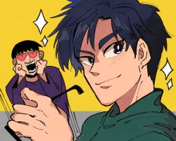 Rule 34 | 2boys, black eyes, black hair, bright pupils, character request, closed mouth, commentary request, unworn eyewear, green shirt, heart, heart-shaped eyes, highres, holding, holding removed eyewear, inudori, looking at another, looking at viewer, male focus, medium bangs, multiple boys, open mouth, parted bangs, purple shirt, shirt, short bangs, short hair, smile, sparkle, sunglasses, teeth, tobaku haouden zero, ukai zero, upper body, white pupils, yellow background