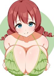 Rule 34 | 1girl, absurdres, aqua eyes, bare shoulders, bikini, blush, breasts, breasts squeezed together, cleavage, closed mouth, emma verde, green bikini, highres, huge breasts, long hair, looking at viewer, love live!, love live! nijigasaki high school idol club, nemaki 9, red hair, simple background, smile, solo, swimsuit, tongue, tongue out, upper body