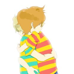 Rule 34 | 2boys, blonde hair, claus (mother 3), hug, lowres, lucas (mother 3), male focus, mother (game), mother 3, multiple boys, nintendo, orange hair, shirt, siblings, striped clothes, striped shirt, twins