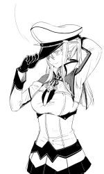 Rule 34 | 1girl, breasts, capelet, cowboy shot, graf zeppelin (kancolle), greyscale, hair between eyes, hat, jacket, kantai collection, large breasts, lineart, military, military hat, military uniform, miniskirt, monochrome, necktie, peaked cap, pleated skirt, sidelocks, skirt, solo, tarutaru gungun, twintails, uniform
