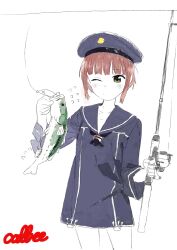Rule 34 | 1girl, :/, animal, bass (fish), black dress, black neckerchief, blunt bangs, blush, brown hair, closed mouth, collarbone, cowboy shot, dress, e eel, fish, fishing rod, hand up, hat, highres, holding, holding animal, holding fish, holding fishing rod, kantai collection, long sleeves, looking at animal, neckerchief, one eye closed, partially colored, sailor dress, sailor hat, short dress, short hair, sidelocks, solo, yellow eyes, z3 max schultz (kancolle)