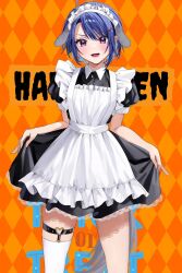 Rule 34 | 1girl, ahoge, alternate costume, apron, black dress, blue hair, blush, chigusa minori, commentary request, dress, enmaided, frilled apron, frills, hair ornament, hairclip, halloween, highres, himeno akira, jitsuha imouto deshita., lace, lace-trimmed dress, lace trim, looking at viewer, lower teeth only, maid, maid apron, maid headdress, official art, open mouth, orange background, puffy short sleeves, puffy sleeves, purple eyes, second-party source, shadow, short hair, short sleeves, sidelocks, single thighhigh, skindentation, skirt hold, solo, teeth, thighhighs, white apron, white background