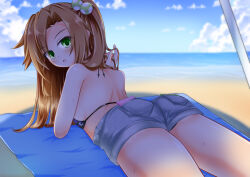 Rule 34 | 1girl, ass, bare shoulders, bikini, blush, breasts, brown hair, choujigen game neptune, compile heart, from behind, green eyes, hair bobbles, hair ornament, idea factory, if (neptunia), long hair, looking at viewer, looking back, lying, medium breasts, neptune (series), on stomach, short shorts, shorts, sideboob, solo, swimsuit, very long hair