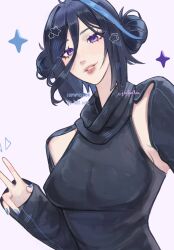 Rule 34 | 1girl, armpit cutout, black hair, black sweater, blue nails, clorinde (genshin impact), clothing cutout, commentary, double bun, genshin impact, hair bun, highres, julia (julinhei), looking at viewer, nail polish, parted lips, pink lips, purple background, purple eyes, short hair, simple background, solo, sweater, upper body