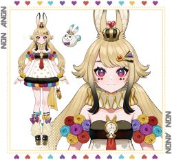 Rule 34 | 1girl, absurdres, animal ears, anon non, black hair, blonde hair, character name, character sheet, crown, dress, gradient hair, heart, heart-shaped pupils, highres, key hair ornament, loose socks, mini crown, multicolored hair, official art, papi (anon non), platform footwear, playing card theme, prism project, purple eyes, rabbit ears, rabbit girl, rabbit tail, short dress, socks, strapless, strapless dress, symbol-shaped pupils, tail, two-tone hair, virtual youtuber, wrist cuffs, yuu (higashi no penguin)