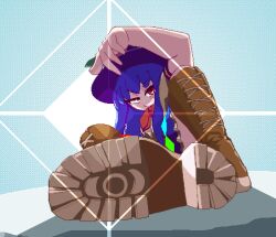 Rule 34 | 1girl, black hat, blue hair, boots, brown footwear, commentary request, full body, hat, hinanawi tenshi, long hair, looking at viewer, pixel art, red eyes, sitting, solo, touhou, yado 2b